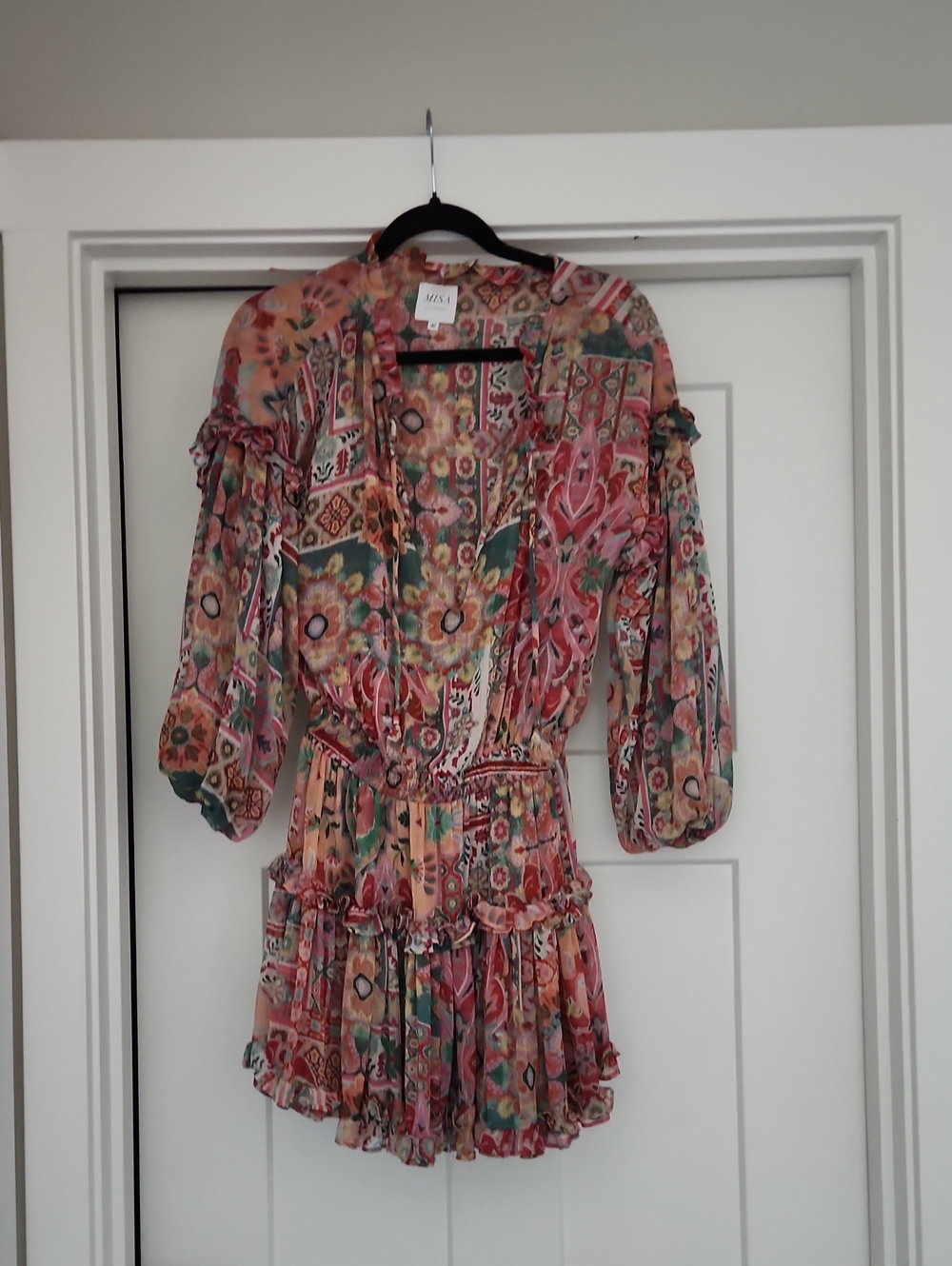 Misa Los Angeles Pink Floral Patchwork Ruffle Mini Dress